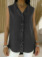 Casual Sleeveless Denim Shirt With Ruffled Trim