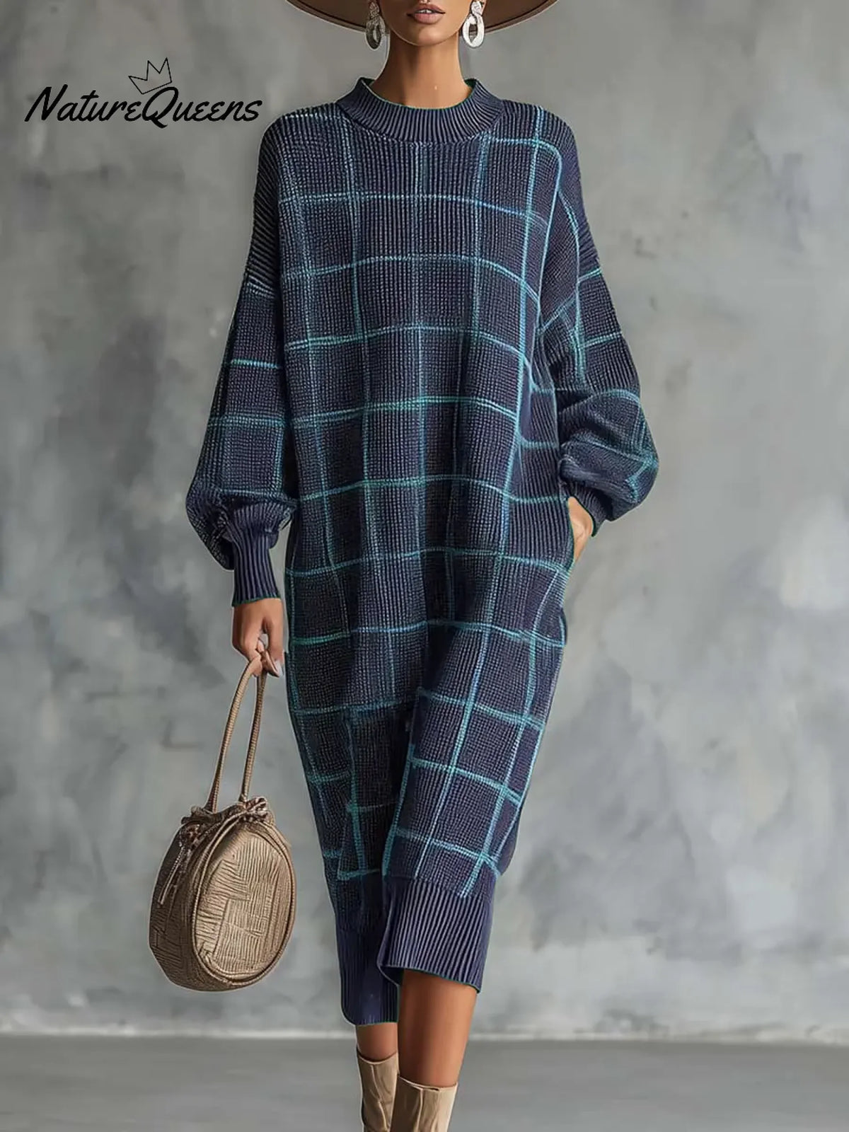 Women's Plaid Print Round Neck Long-sleeved Casual Loose Knit Dress