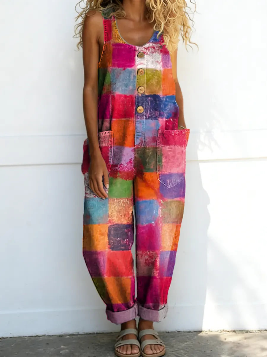 Women's Vintage Pattern Art Print Casual Cotton Denim Jumpsuit
