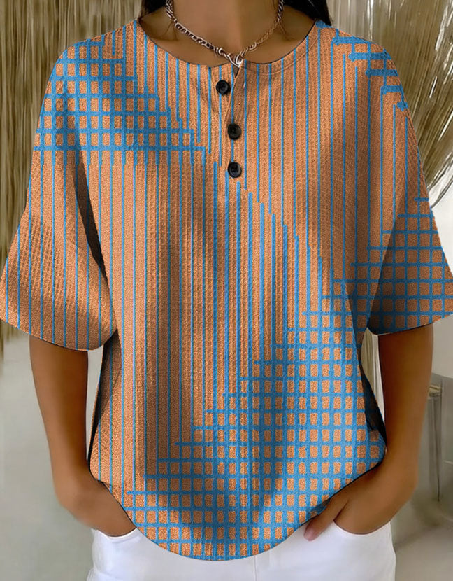 Women's Retro Multicolor Gradient Patchwork Abstraction Patterns Art Print Casual Waffle Cotton Shirt