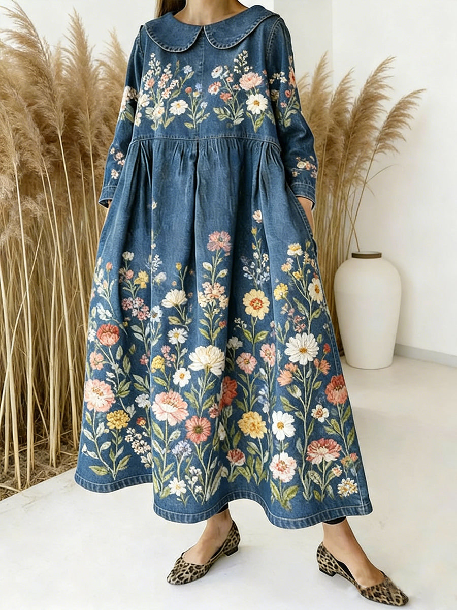 Women's Floral Art Print Peter Pan Collar Long-sleeved Loose Casual Denim Dress