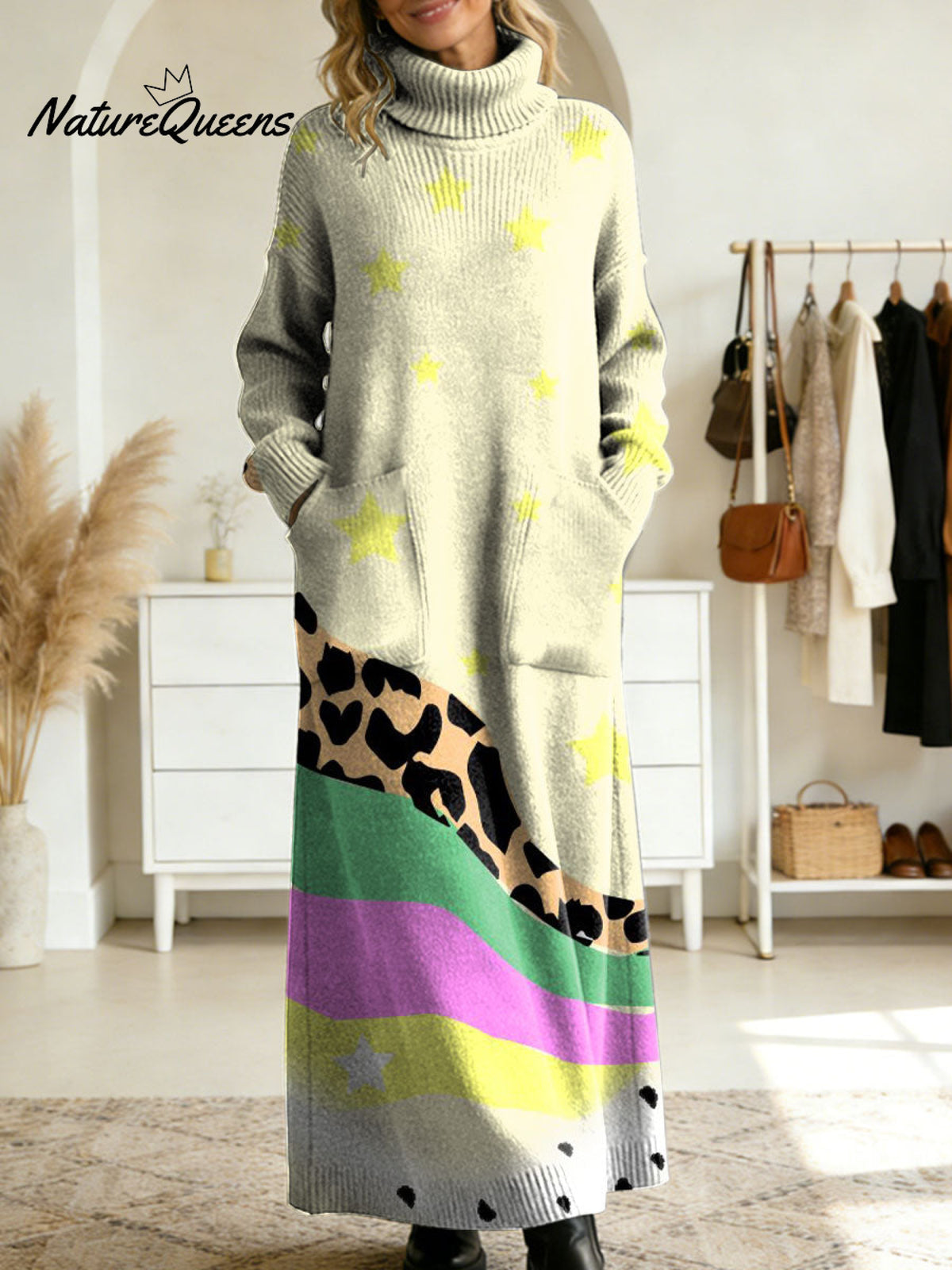 Women's Retro Abstract Geometric Colorful Splicing Patterns Art High-neck Long-sleeve Casual Loose Knit Dress