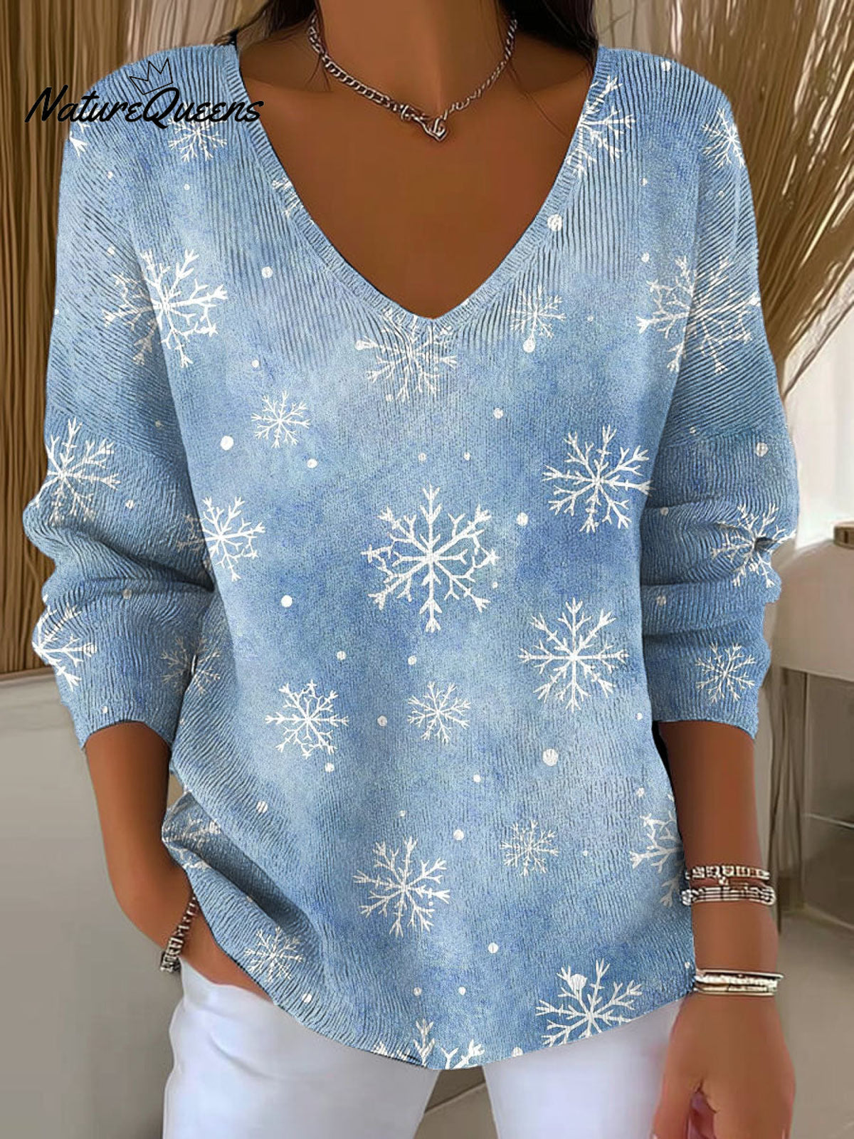 Women's Winter Christmas Gradient Snowflake Decoration Pattern Casual V Collar Long Sleeve Sweater