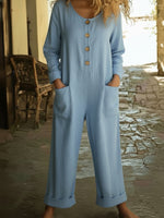 Cozy Round-neck Button-up Linen Jumpsuit