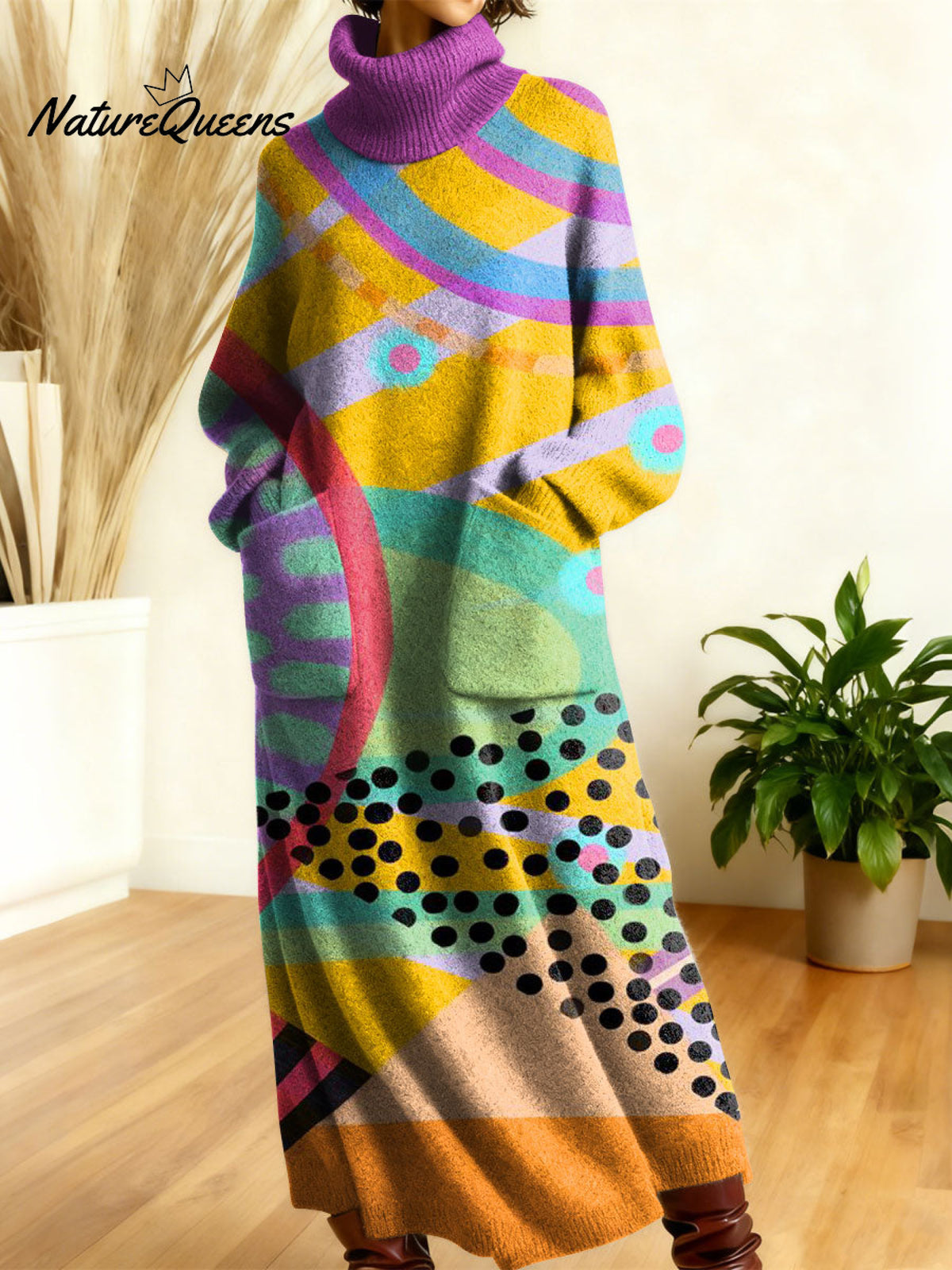 Women's Retro Abstract Geometric Colorful Splicing Patterns Art High-neck Long-sleeve Casual Loose Knit Dress