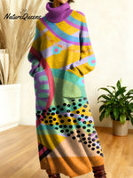 Women's Retro Abstract Geometric Colorful Splicing Patterns Art High-neck Long-sleeve Casual Loose Knit Dress