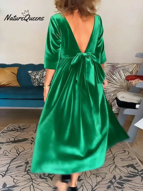 Women's Solid Color Round Neck Three-quarter Sleeve Loose Casual Velvet Dress