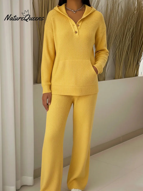 Casual Travel Button Hooded Top and Pants Two-Piece Set