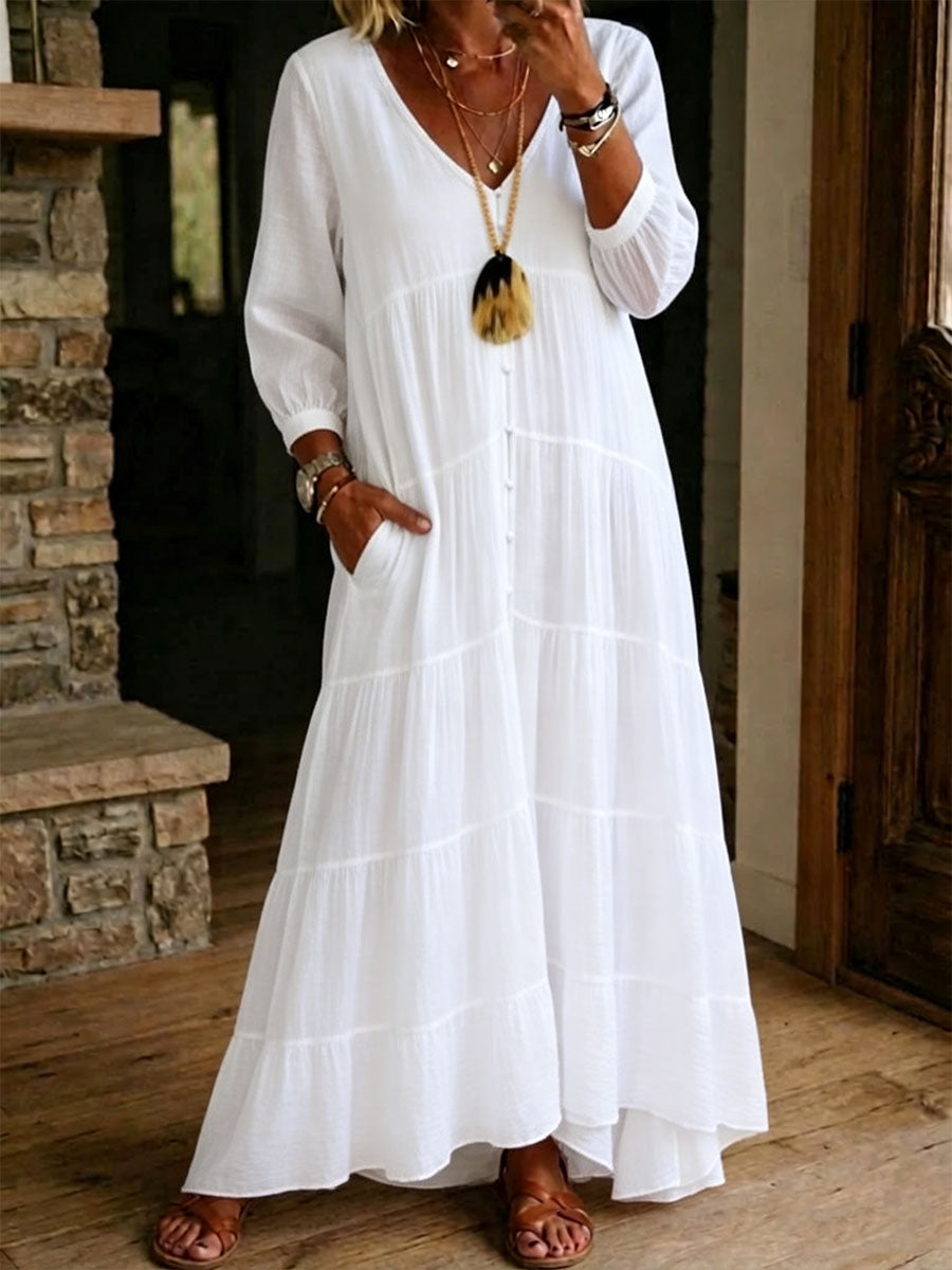 Women's Casual Loose-fitting Linen And Cotton Long-sleeved Dress