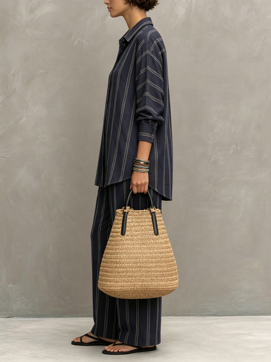 Conjunto informal de algodón y lino a rayas para mujer