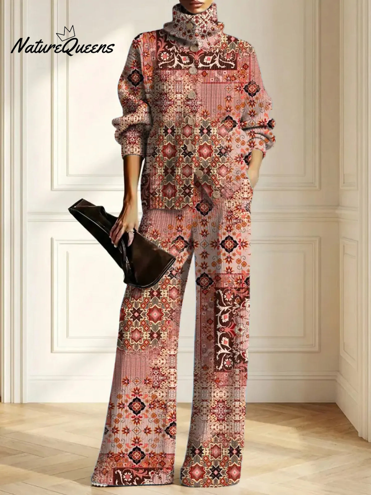 Women's Vintage Pattern Art Print Casual Cotton Knitted Suits