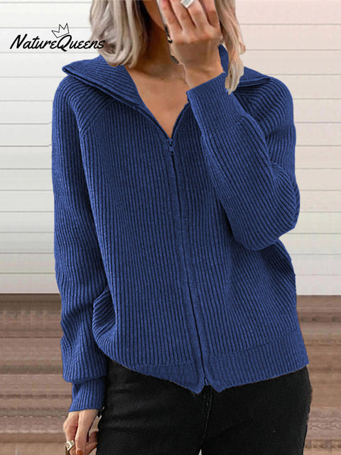 Women's Striped Casual Loose Knit Cardigan Zip Lapel Sweater