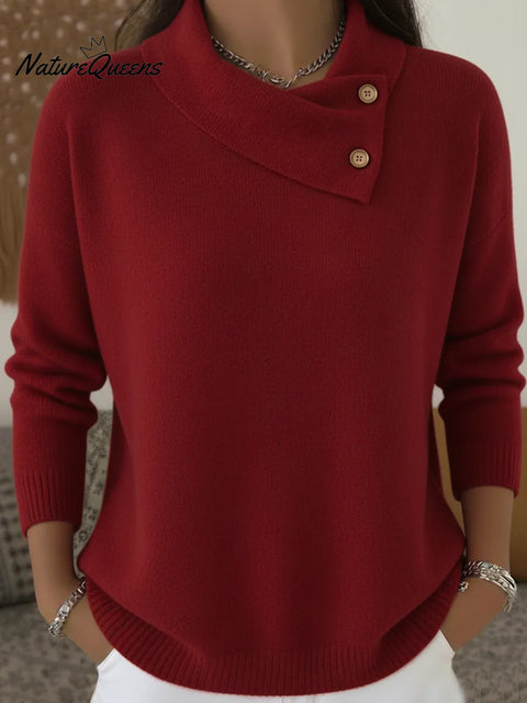 Elegant Scarf Collar Button-Up Solid Color Sweater Top