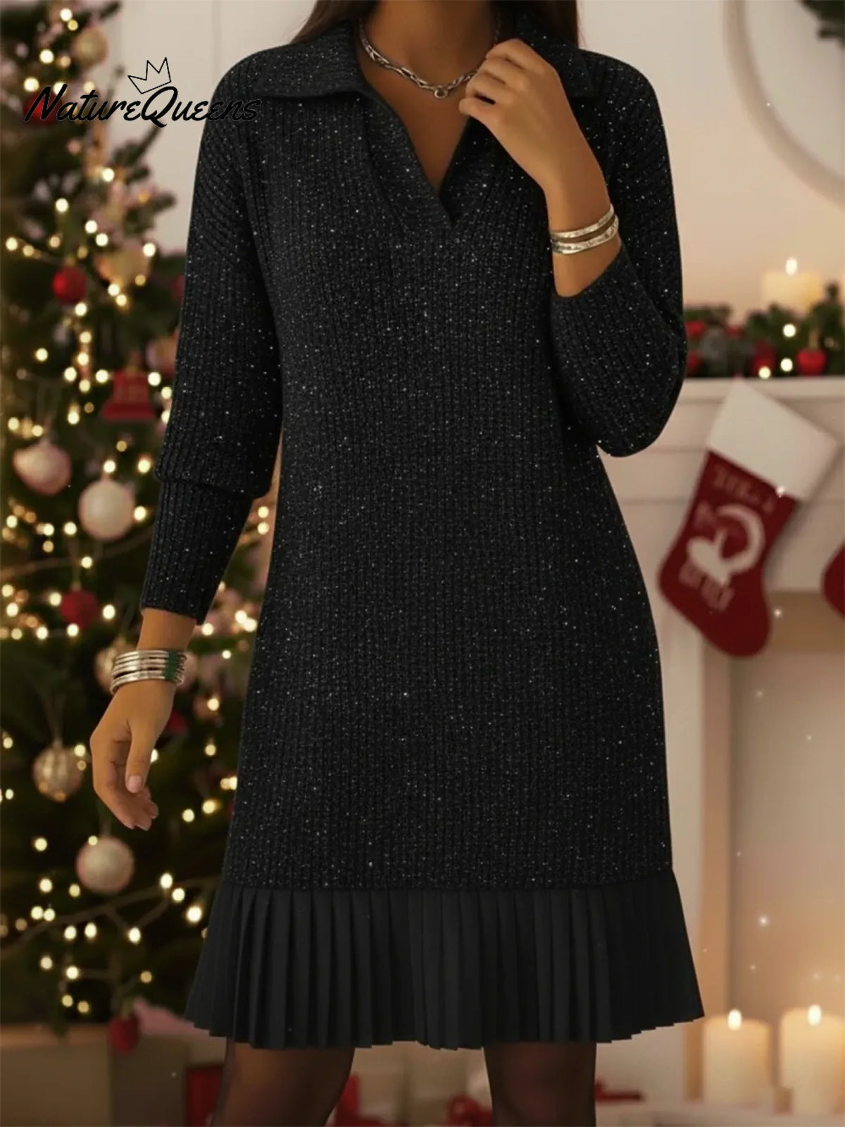 Elegant Polo Neck Shimmering Knit Dress