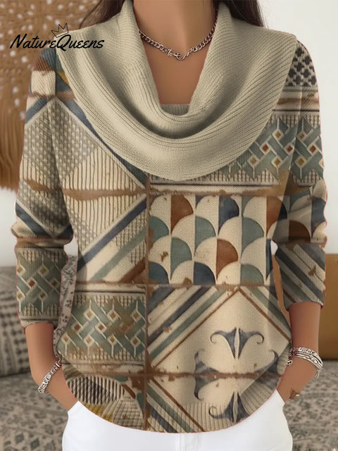 Women's Abstract Geometry Art Print Cowl Neck Sweater