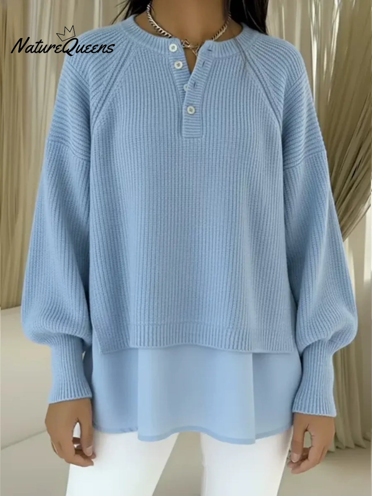 Women's Patchwork Chiffon Comfortable Henley Collar Sweater