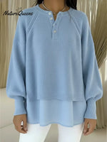Women's Patchwork Chiffon Comfortable Henley Collar Sweater