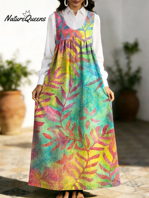 Women's Retro Leaves Gradients Colorful Pattern Art Print Casual Cotton Denim Dress