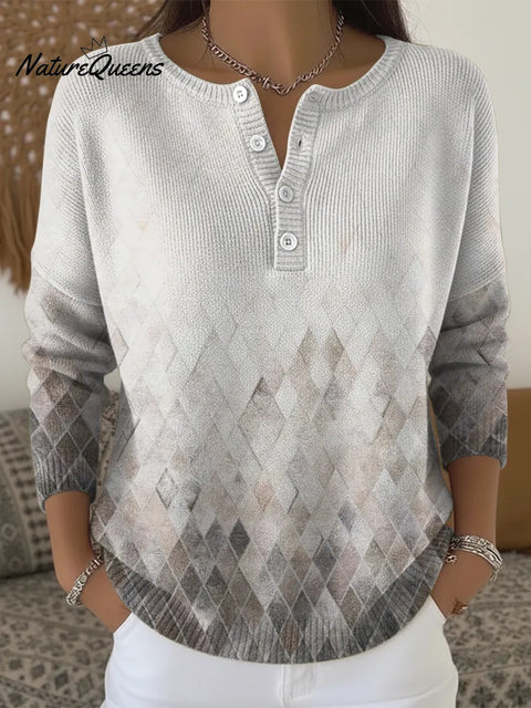 Gradient Diamond Squares Print Buttoned Cardigan Sweater