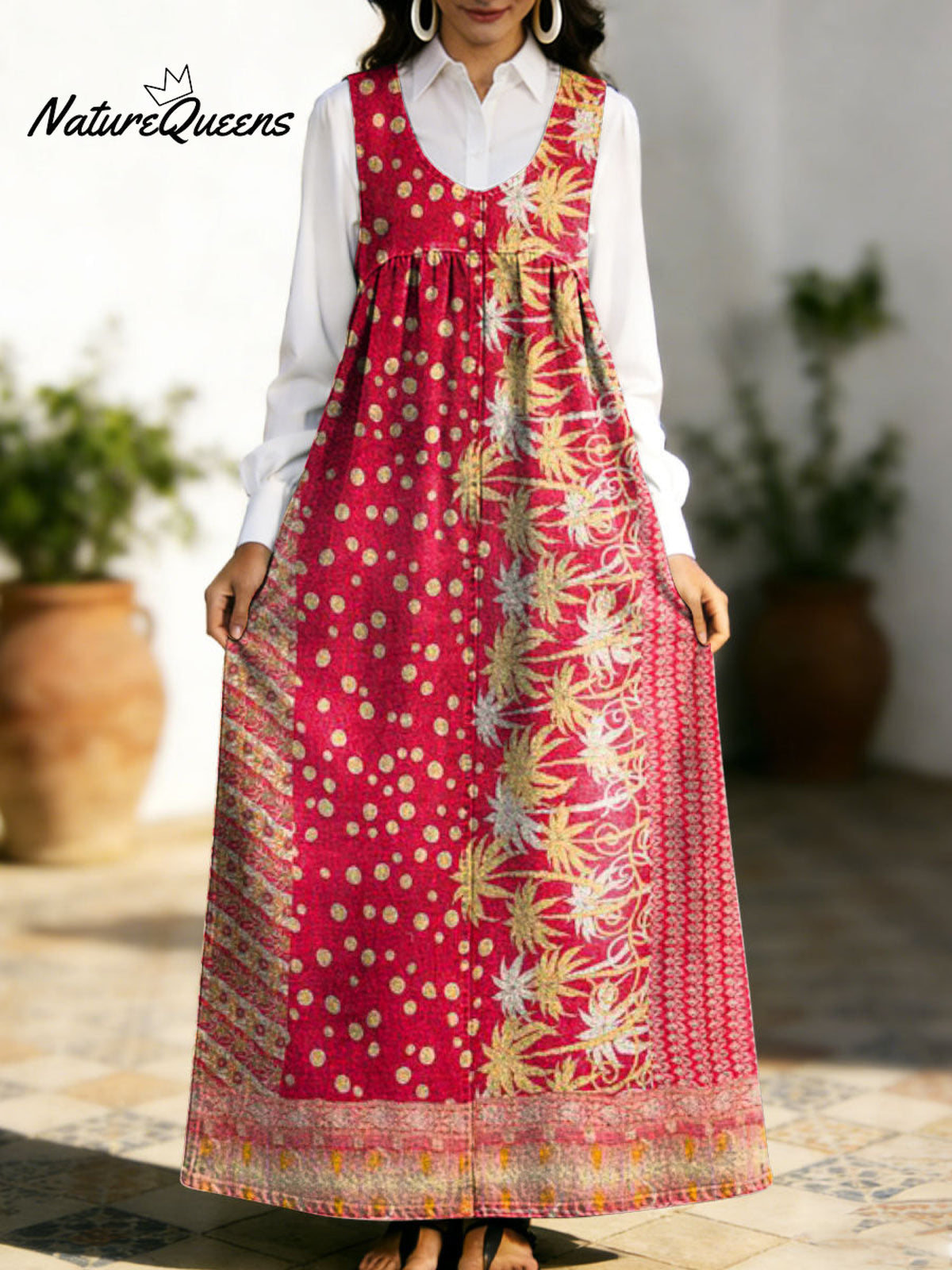 Women's Retro Splicing Colorful Flowers Pattern Art Print Casual Cotton Denim Dress