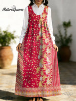 Women's Retro Splicing Colorful Flowers Pattern Art Print Casual Cotton Denim Dress