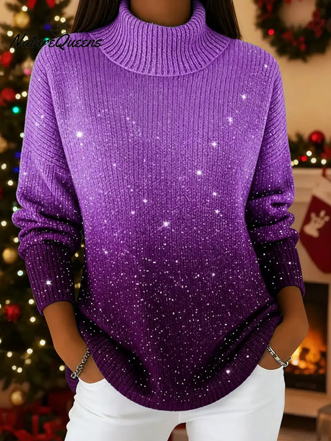 Women's  Stand Collar Casual Loose-fitting Sequined Gradient Knit Sweater