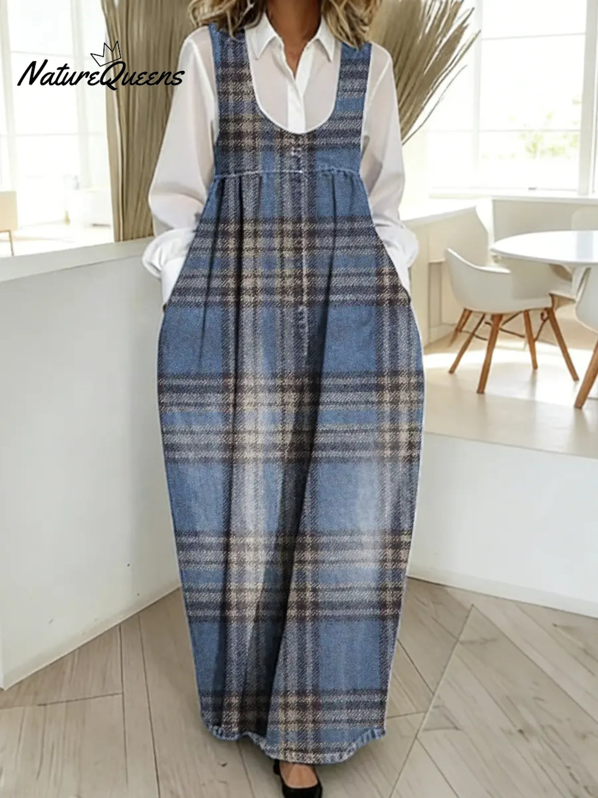 Women's Plaid Pattern Art Print Casual Cotton Denim Dress