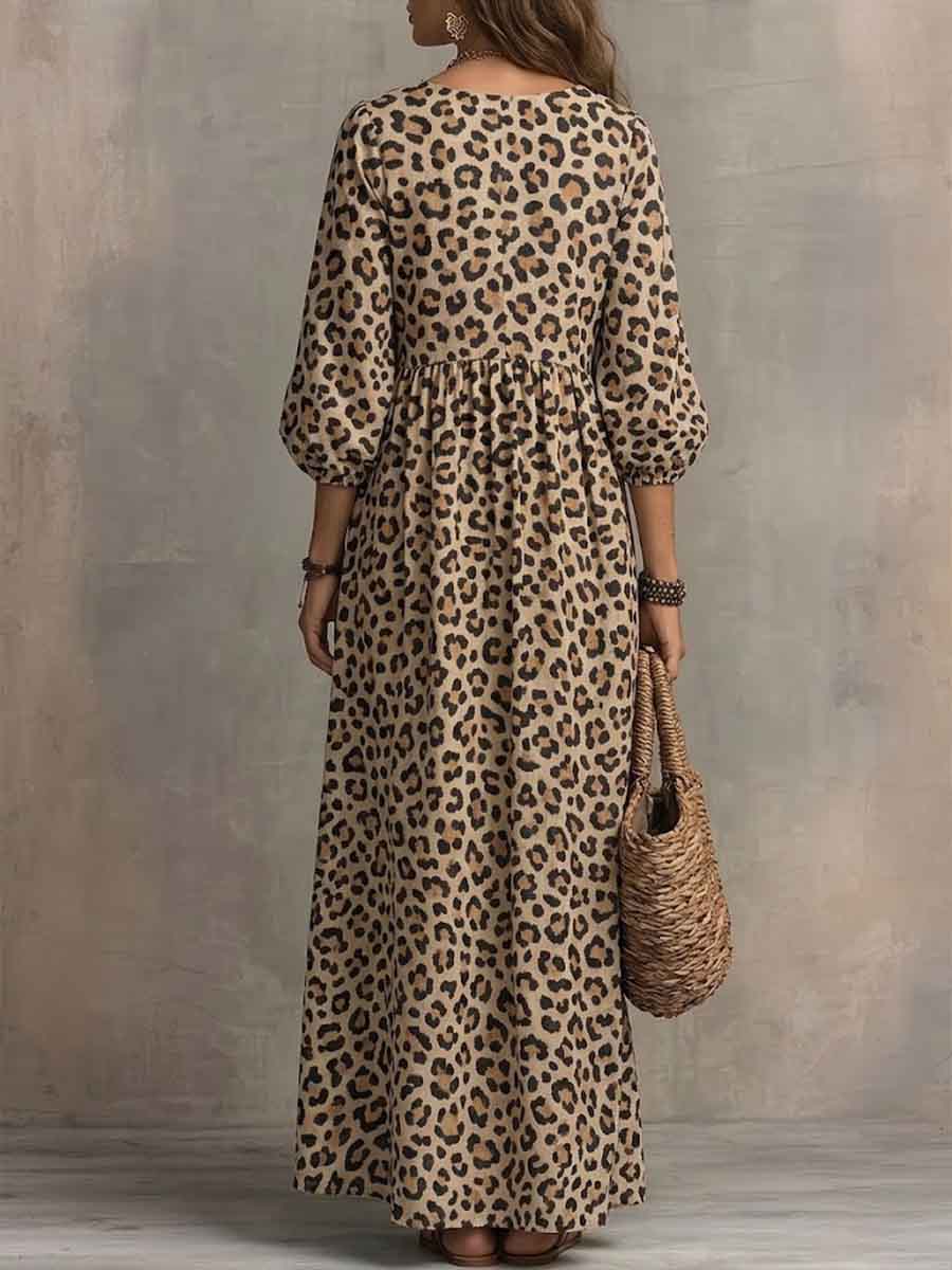 Women's Leopard Print V-neck Cotton-linen Dress