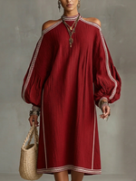Elegant Off-shoulder Lantern Sleeve Loose Linen Cotton Dress