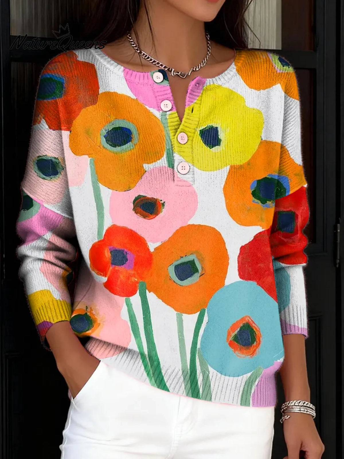 Women's VintageFlower Pattern Art Print Buttoned Cardigan Sweater