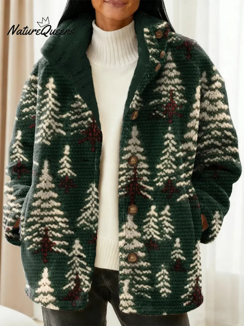 Women's Christmas Tree Pattern Art Print Casual Sherpa Coat