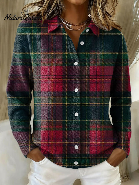 Women's Christmas Plaid Art Pattern Print Cowl Neck Sweater