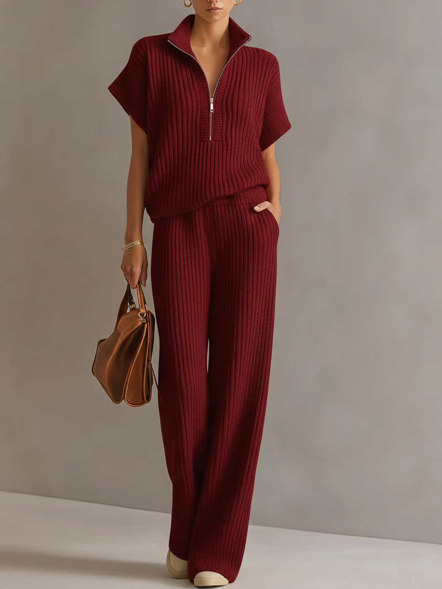 Casual Zippered Stand-collar Top And Straight-leg Pants Knitted Set