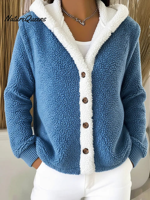 Casual Lambswool Warm Colorblock Hooded Button Jacket