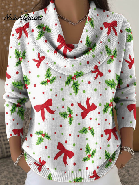Christmas Bow Decoration Patterns Women Swing Collar Long Sleeve Sweater