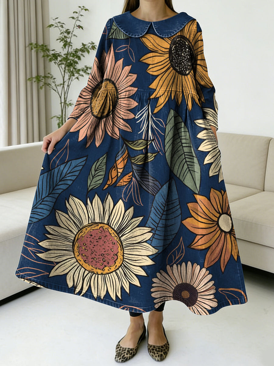 Painting Sunflowers Decorative Patterns Women's Casual Peter Pan Collar Long Sleeve Dress