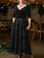 Women's Solid Color V-neck 3/4 Sleeve Casual Loose Velvet Embroidered Patchwork Dress