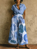 Women's Solid-color Short-sleeve Shirt-collar Top & Elastic-waist Printed Wide-leg Pants Set — Casual & Loose Fit