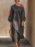 Casual Off-the-shoulder Color-block Loose Cotton Dress