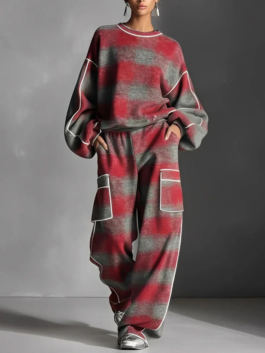 Women's Plaid Print Round Neck Long-sleeve Casual Loose Sweatshirt And High-waisted Wide-leg Pants Set