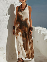 Women's Abstract Print V-neck Sleeveless Loose-fit Cotton-linen Casual Dress