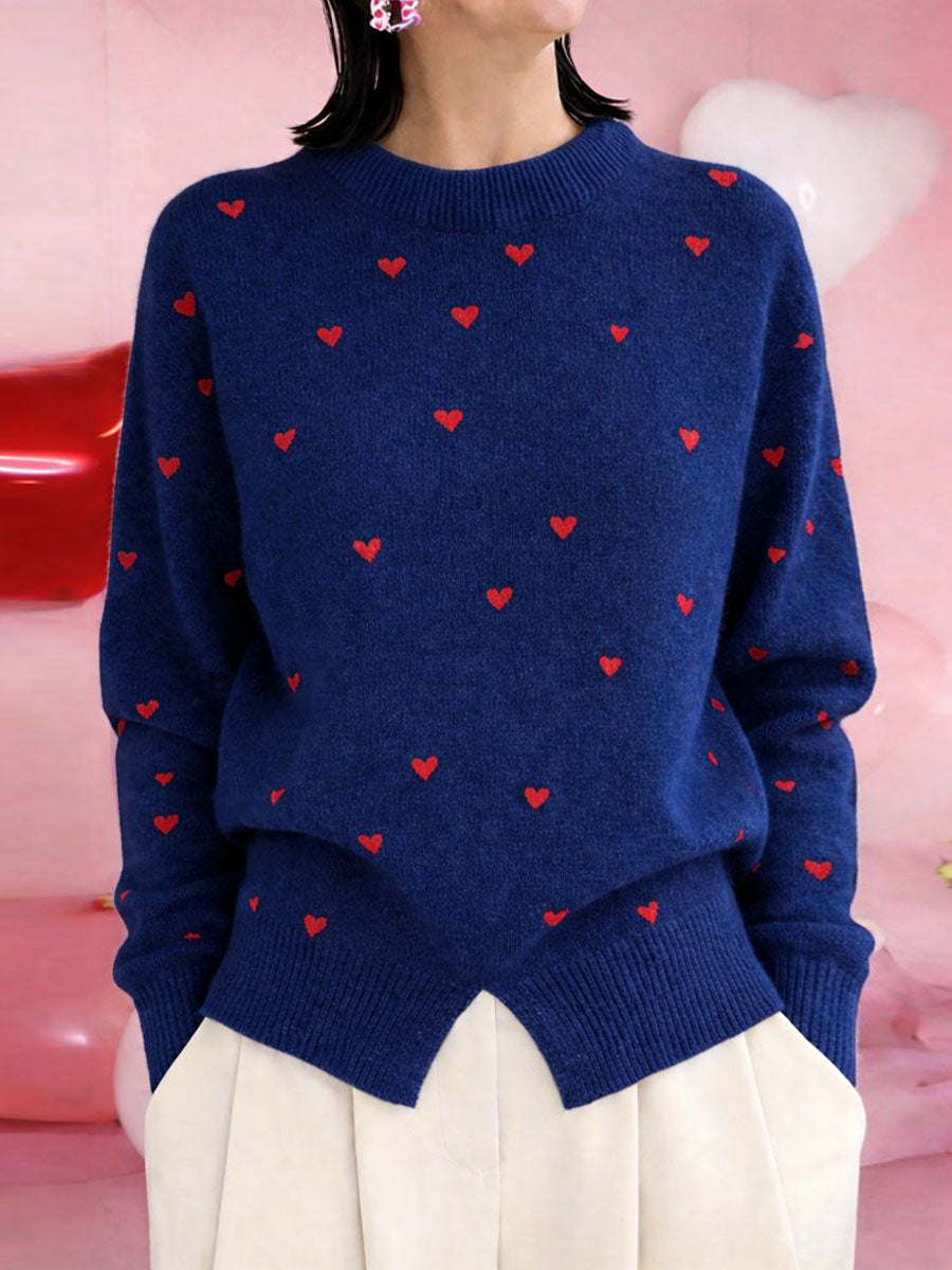 Women's Heart-print Stand-collar Long-sleeved Loose-fitting Casual Knitted Sweater