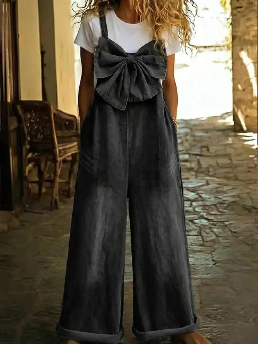 Women's Bow-tie Casual Washed Denim Wide-leg Jumpsuit