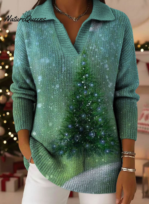 Christmas Tree Bow Art Pattern Art Polo Collar Shiny Loose Sweater Top
