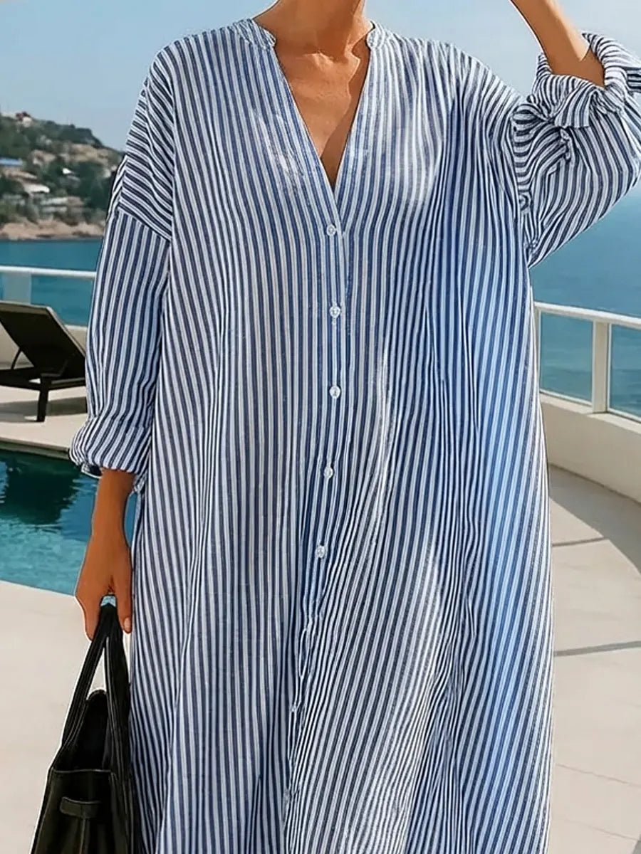 Women's Retro Striped Art Casual Vacation Cotton Linen Maxi Dress