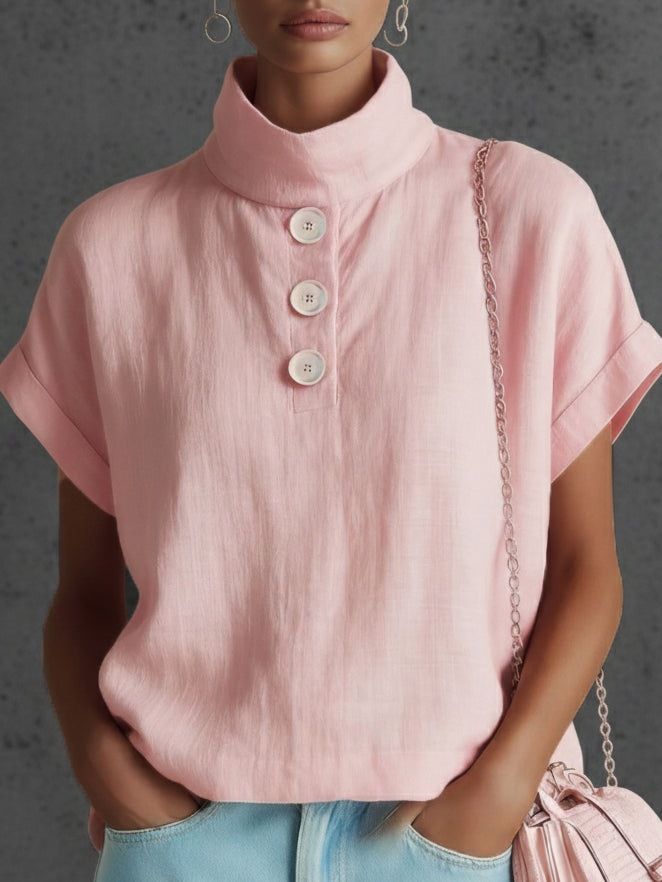 Elegant Cozy Stand-collar Button-down Linen Blouse