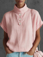 Elegant Cozy Stand-collar Button-down Linen Blouse