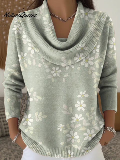 Women's Simple Small Flower Print Cowl Neck Sweater
