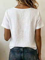 Women's Crew-neck Short-sleeve Linen Cotton Top With Side Buttons