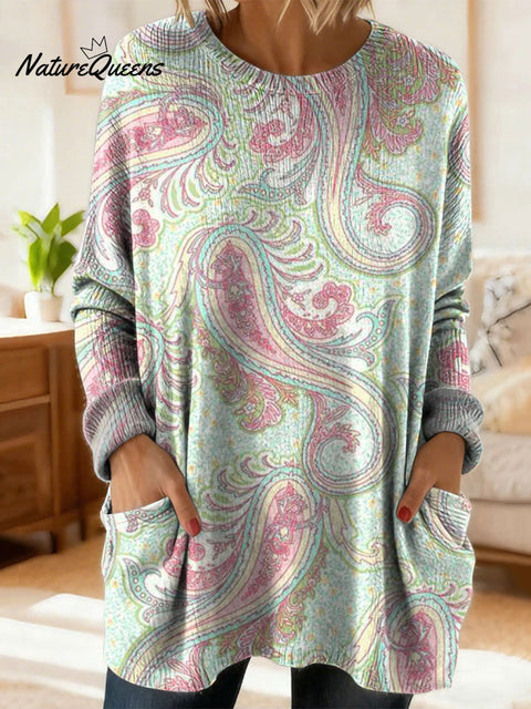 Women's Retro Floral Flower Ethnic Art Print Casual Cotton Knitted Sweater